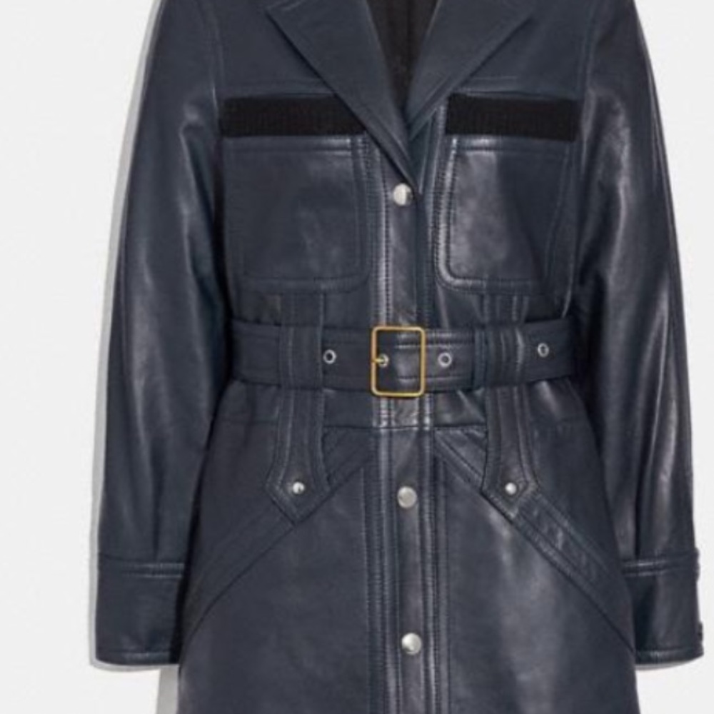 COACH 1941 MADE IN ITALY 🇮🇹 LAMB LEATHER SPORTY TRENCH COAT NAVY BLUE SIZE US 4 - Picture 4 of 16